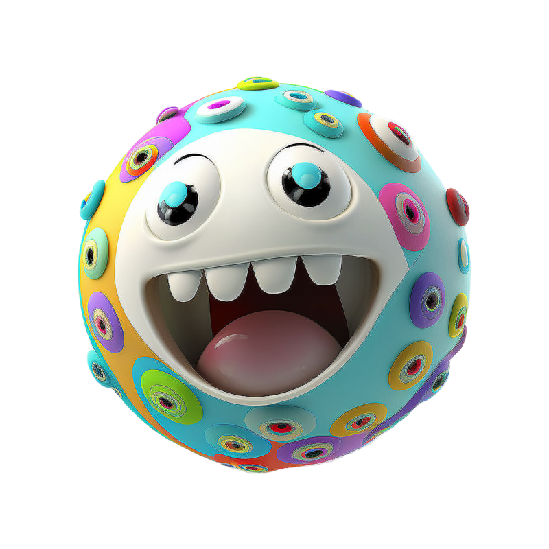 Teal monster mouth ball toy covered in rainbow concentric disc buttons with giant googly eyes and open mouth