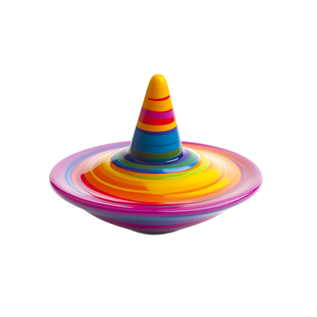 Rainbow striped spinning top with wide disc base and conical tip showing vivid concentric colour bands