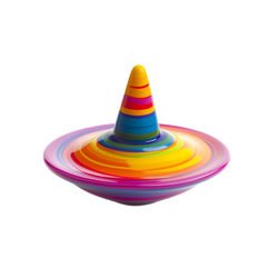 Rainbow striped spinning top with wide disc base and conical tip showing vivid concentric colour bands