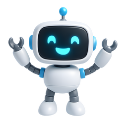 White and blue friendly robot buddy toy figure with glowing teal smiley face screen and ball antenna