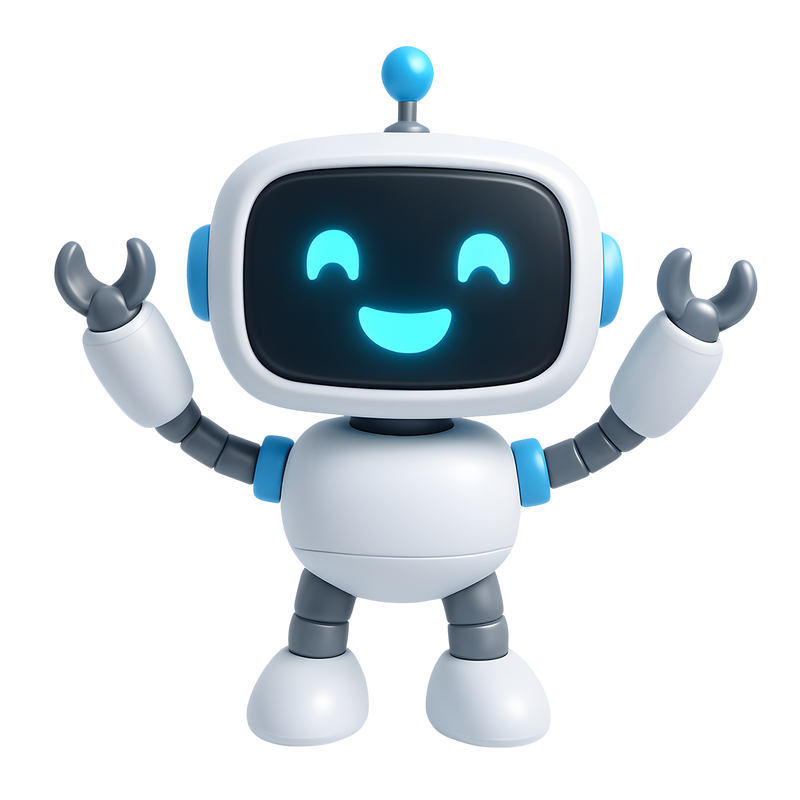 White and blue friendly robot buddy toy figure with glowing teal smiley face screen and ball antenna