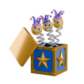 Triple jack-in-the-box gold and blue star box with three yellow smiley jester spring clowns popping out
