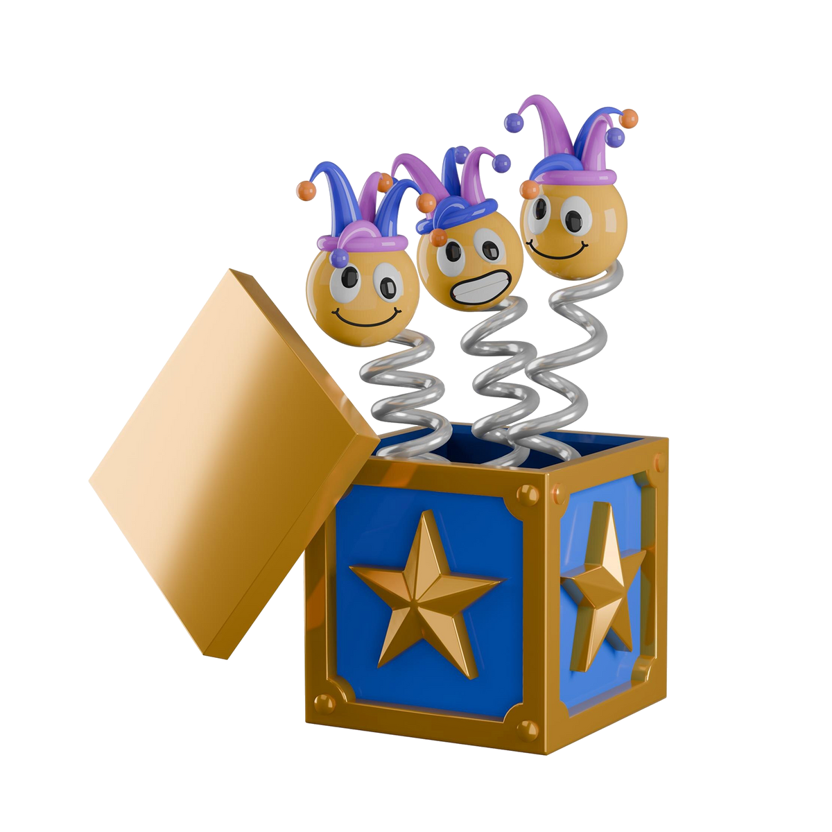 Triple jack-in-the-box gold and blue star box with three yellow smiley jester spring clowns popping out