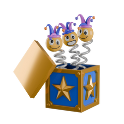Triple jack-in-the-box gold and blue star box with three yellow smiley jester spring clowns popping out