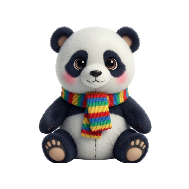 Bamboo the panda plush stuffed animal with big sparkly eyes, rosy cheeks and vibrant rainbow knitted scarf
