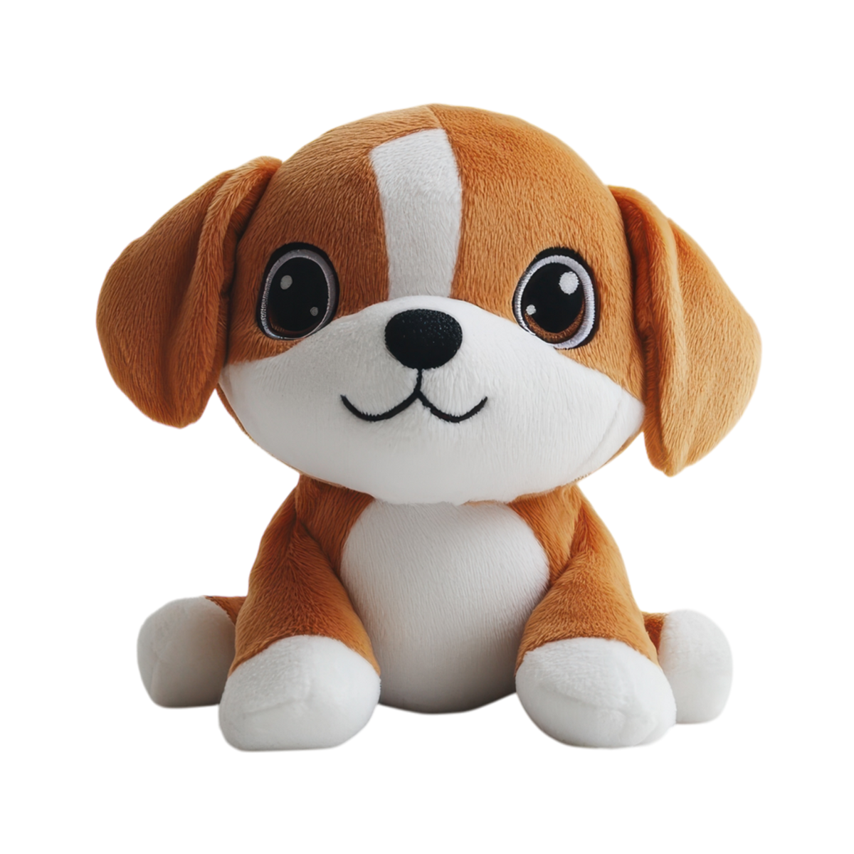Biscotti the beagle puppy plush stuffed dog with big sparkling eyes, caramel and white fur and white blaze stripe