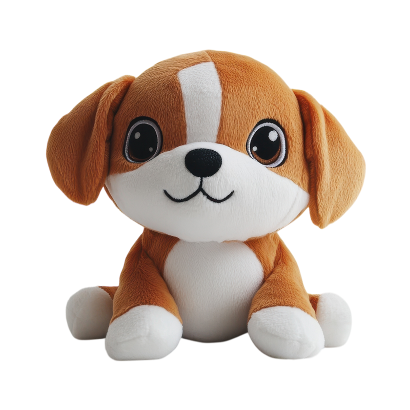 Biscotti the beagle puppy plush stuffed dog with big sparkling eyes, caramel and white fur and white blaze stripe