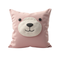 Rosie the bear face cushion in blush pink with 3D cream muzzle appliqué, black button eyes and embroidered smile