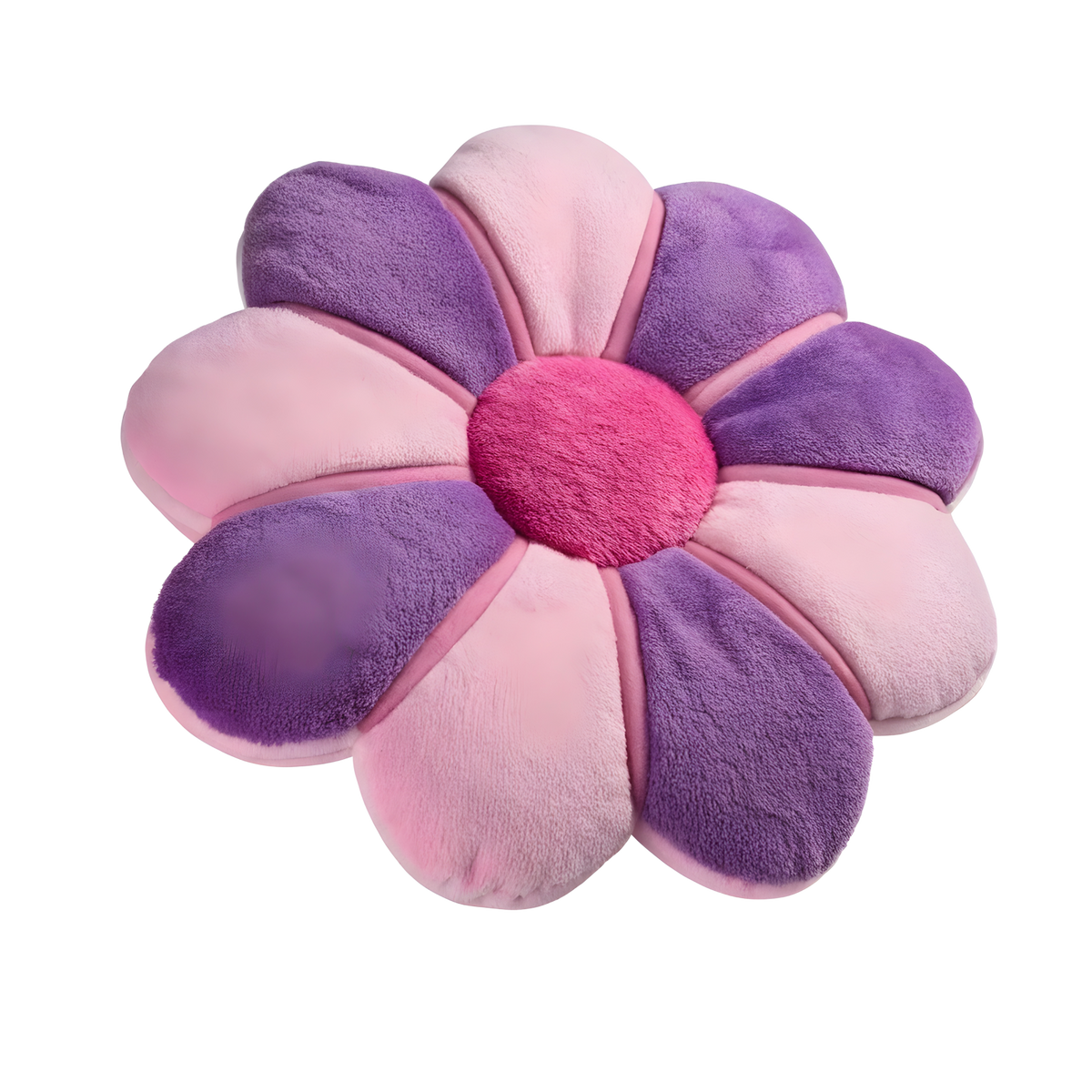 Daisy Flower Floor Cushion with eight alternating blush-pink and purple petals and vibrant hot-pink centre on white background