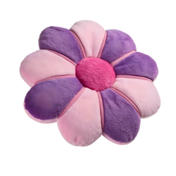 Daisy Flower Floor Cushion with eight alternating blush-pink and purple petals and vibrant hot-pink centre on white background
