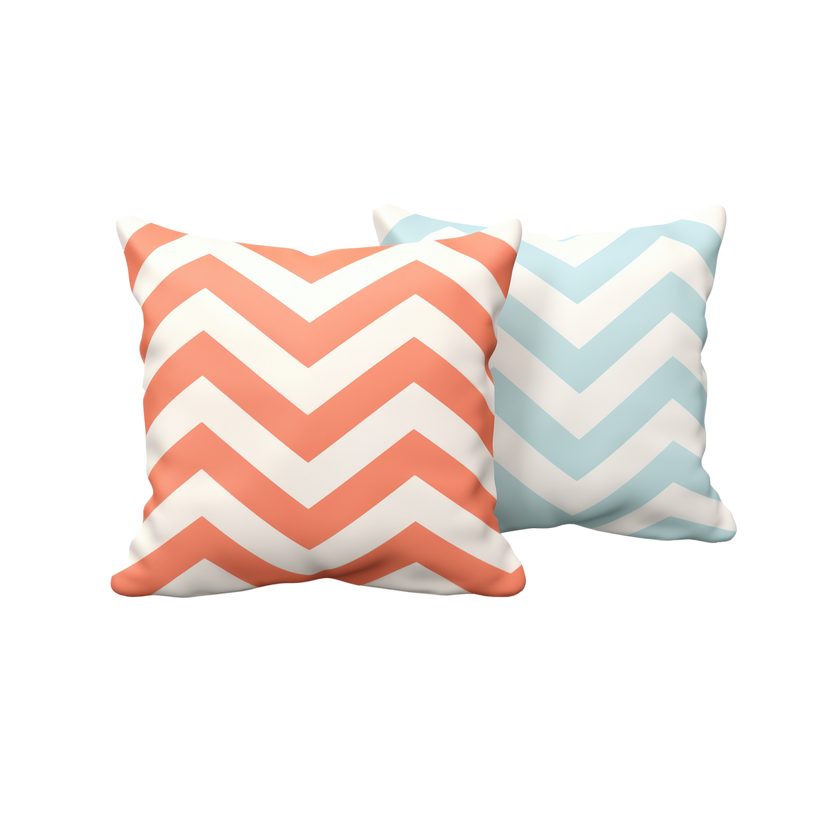 Zigzag Chevron Cushion Set showing two plump square pillows in coral orange and sky blue chevron zigzag print on white background