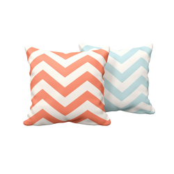 Zigzag Chevron Cushion Set showing two plump square pillows in coral orange and sky blue chevron zigzag print on white background