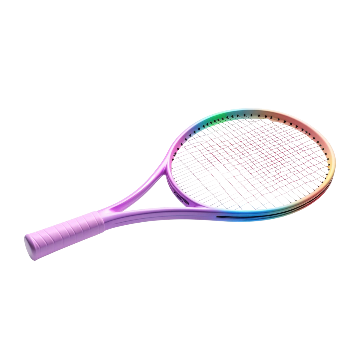 Rainbow Gradient Kids Tennis Racket with pastel ombre frame flowing from lilac through pink peach mint and sky blue with pink strings