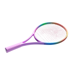 Rainbow Gradient Kids Tennis Racket with pastel ombre frame flowing from lilac through pink peach mint and sky blue with pink strings