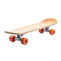 Kids Starter Skateboard with natural maple wood deck, gunmetal aluminium trucks and vivid orange urethane wheels on white background