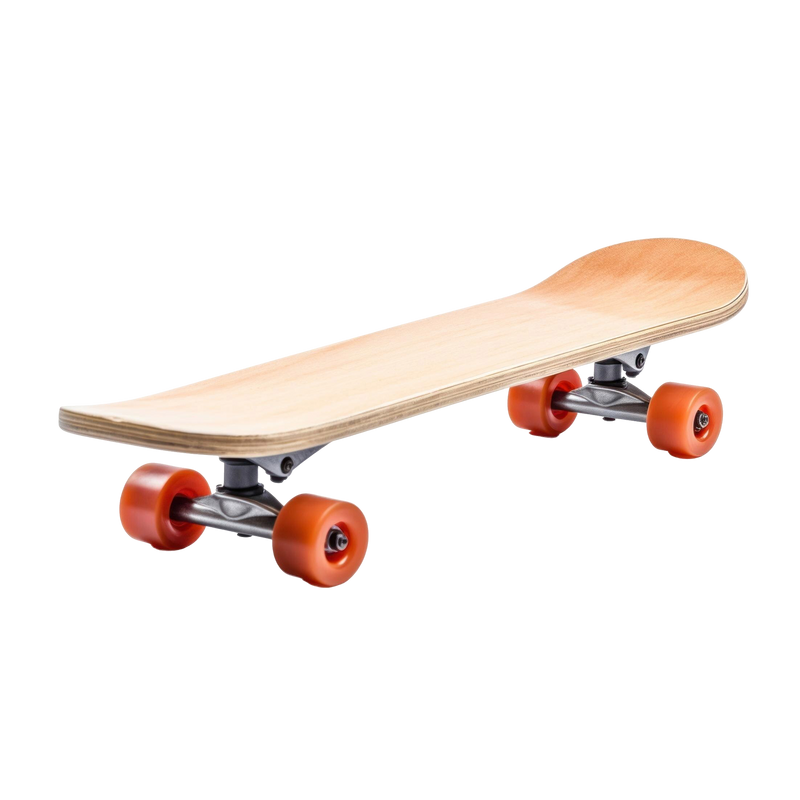 Kids Starter Skateboard with natural maple wood deck, gunmetal aluminium trucks and vivid orange urethane wheels on white background