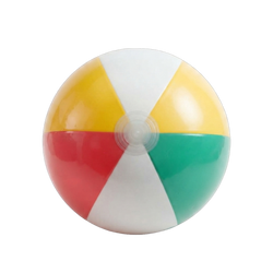 Colourful Inflatable Beach Ball in bold yellow red green and white panels perfectly round on white background