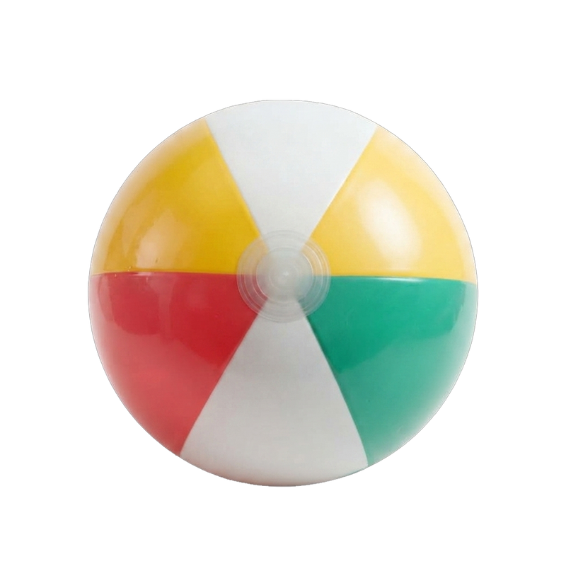 Colourful Inflatable Beach Ball in bold yellow red green and white panels perfectly round on white background