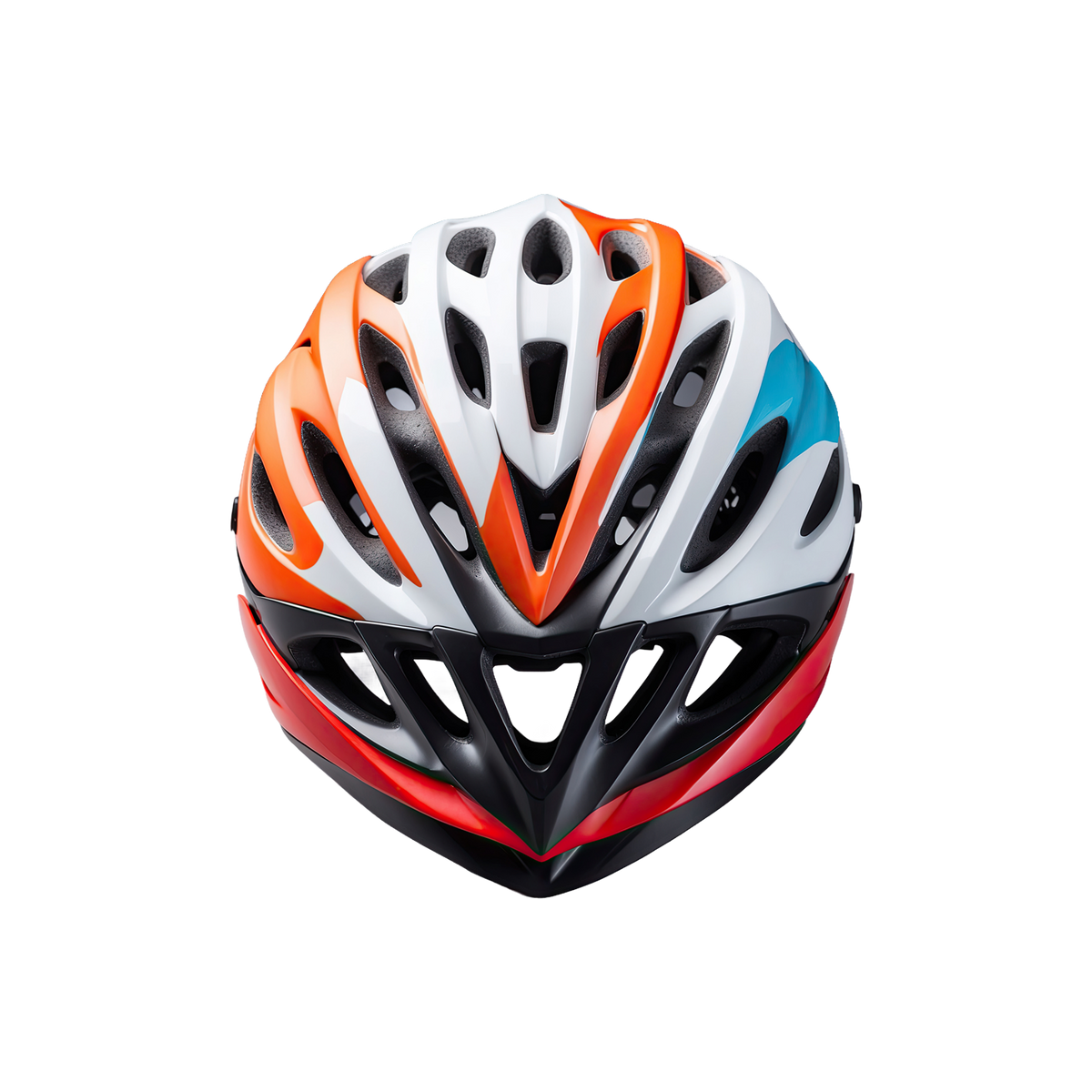 Kids Multi-Sport Safety Helmet aerodynamic shell in orange white sky-blue and red with deep ventilation channels on white background