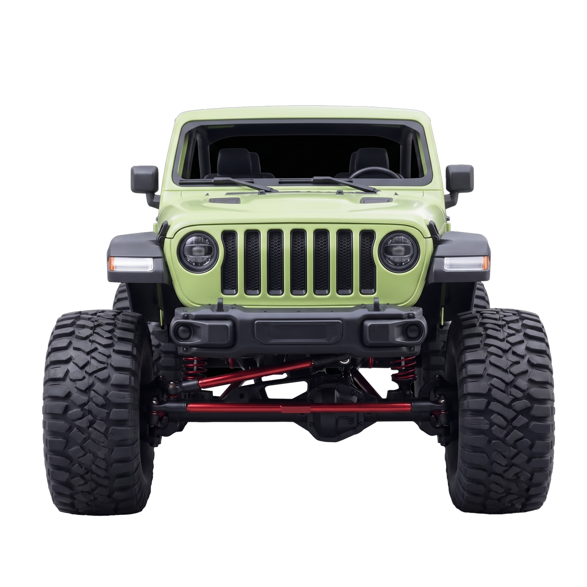 Kids Electric Ride-On Jeep Wrangler matte lime green with 7-slot grille round LED headlights red suspension linkages and chunky off-road tyres