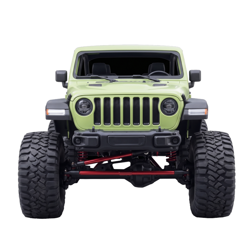 Kids Electric Ride-On Jeep Wrangler matte lime green with 7-slot grille round LED headlights red suspension linkages and chunky off-road tyres