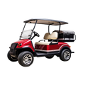 Kids Electric Golf Cart Ride-On candy-apple red with black white pinstripe detailing cream seats chrome alloy wheels and canopy roof