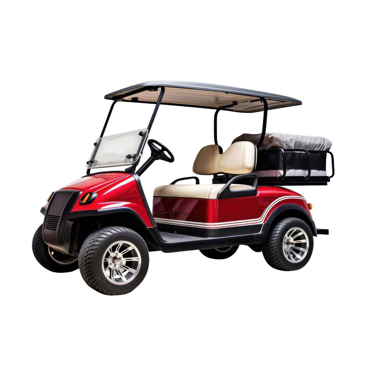 Kids Electric Golf Cart Ride-On candy-apple red with black white pinstripe detailing cream seats chrome alloy wheels and canopy roof