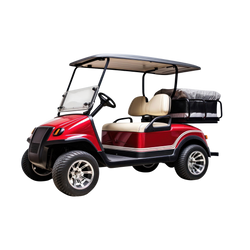 Kids Electric Golf Cart Ride-On candy-apple red with black white pinstripe detailing cream seats chrome alloy wheels and canopy roof
