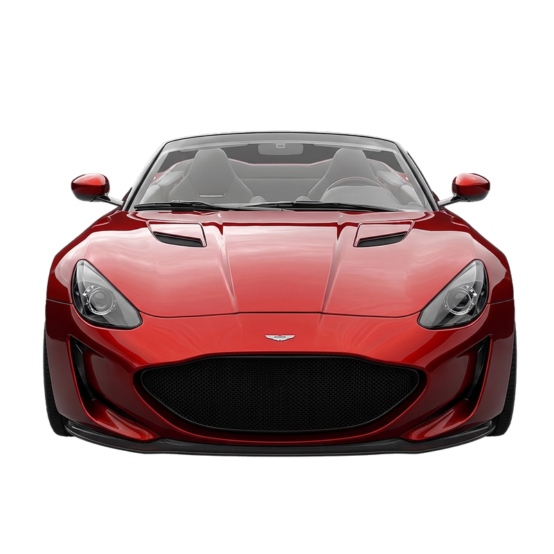 Crimson Supercar Convertible Die-Cast Toy front view showing wide mesh grille sculpted bonnet vents and projector headlights