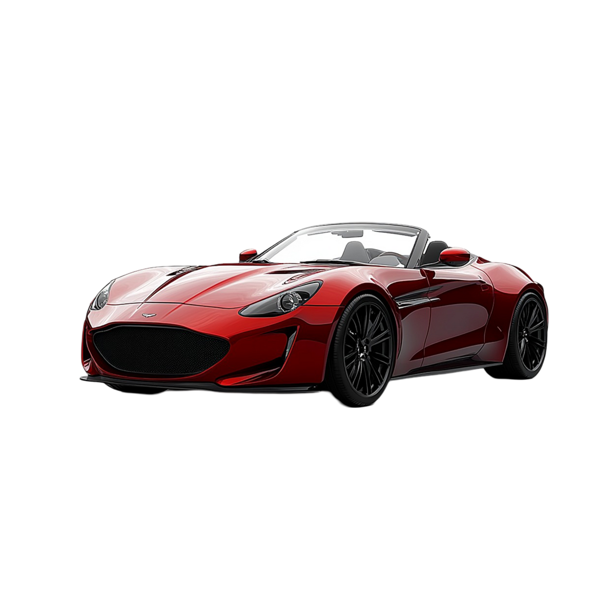 Crimson Supercar Convertible Die-Cast Toy three-quarter view showing sleek body curves black alloy wheels and open cockpit interior