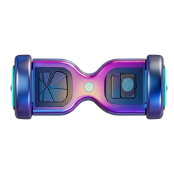 Galaxy Chrome Hoverboard top-down view showing iridescent chrome finish fingerprint sensor panel tilt foot pads and full-width LED wheel rings