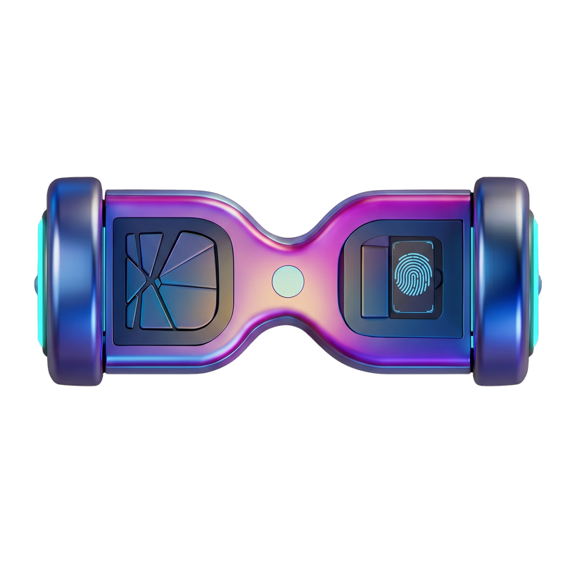 Galaxy Chrome Hoverboard top-down view showing iridescent chrome finish fingerprint sensor panel tilt foot pads and full-width LED wheel rings
