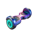 Galaxy Chrome Hoverboard three-quarter view showing iridescent cobalt blue violet purple hot pink chrome finish with teal LED wheel ring