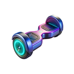 Galaxy Chrome Hoverboard three-quarter view showing iridescent cobalt blue violet purple hot pink chrome finish with teal LED wheel ring