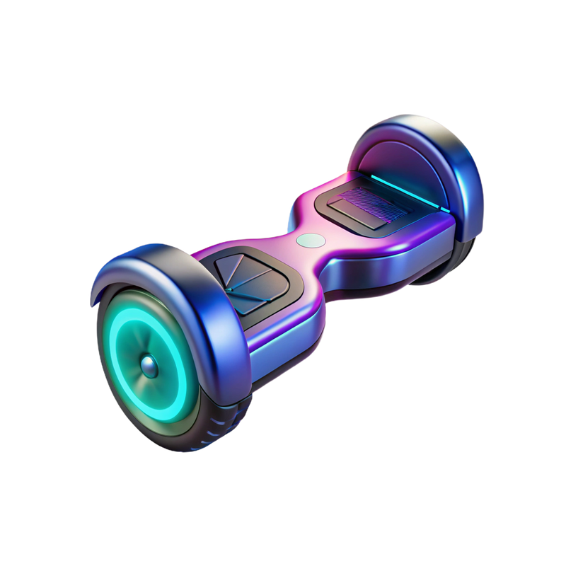 Galaxy Chrome Hoverboard three-quarter view showing iridescent cobalt blue violet purple hot pink chrome finish with teal LED wheel ring