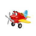 Ace the Character Propeller Plane three-quarter view red body wide cartoon eyes silver spinning propeller yellow wings sky-blue tail fin and black wheels
