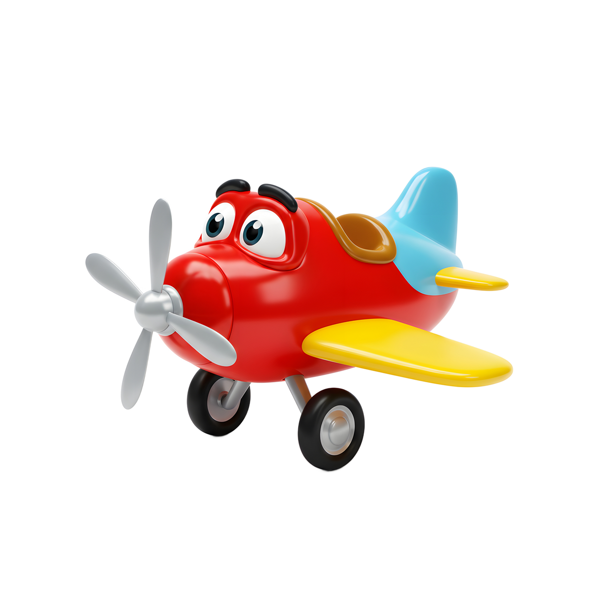 Ace the Character Propeller Plane three-quarter view red body wide cartoon eyes silver spinning propeller yellow wings sky-blue tail fin and black wheels