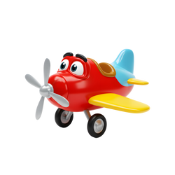 Ace the Character Propeller Plane three-quarter view red body wide cartoon eyes silver spinning propeller yellow wings sky-blue tail fin and black wheels