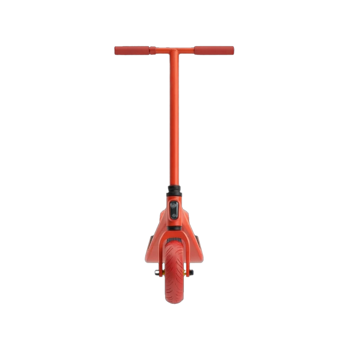 Kids Off-Road RC Scooter front view showing T-bar handlebar foam grips orange-red frame and wide knobby front tyre with folding clamp stem