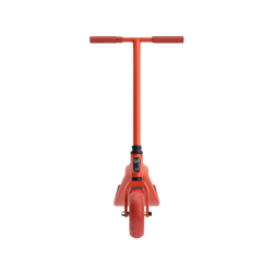 Kids Off-Road RC Scooter front view showing T-bar handlebar foam grips orange-red frame and wide knobby front tyre with folding clamp stem