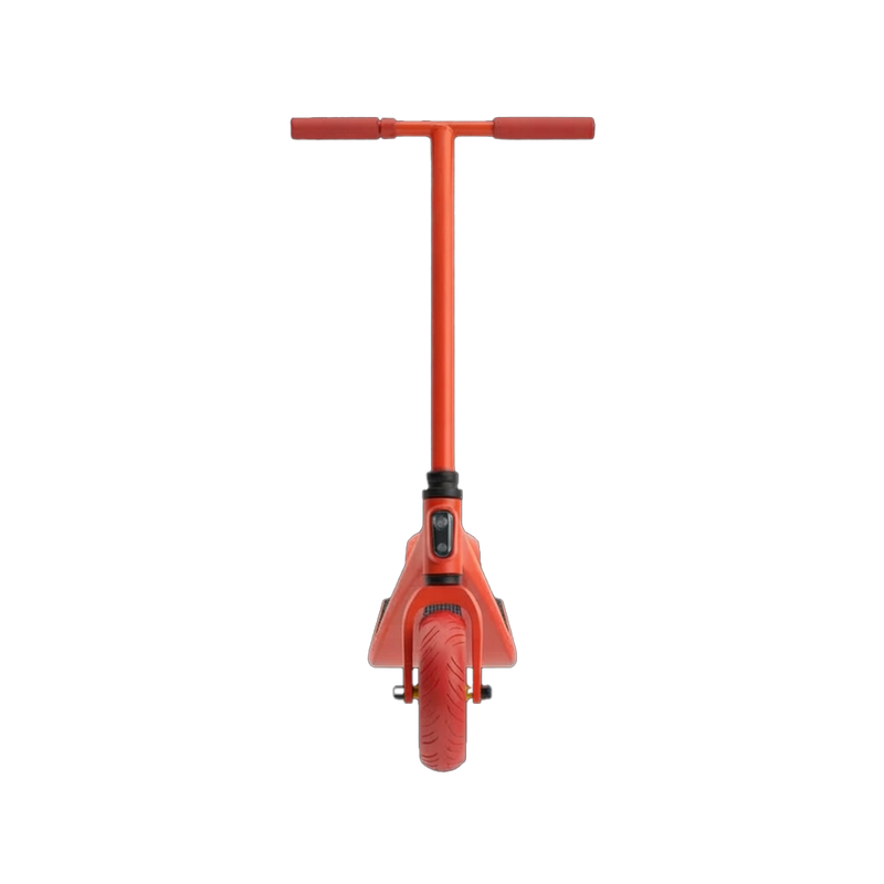 Kids Off-Road RC Scooter front view showing T-bar handlebar foam grips orange-red frame and wide knobby front tyre with folding clamp stem