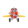 Ace the Character Propeller Plane front view showing wide cartoon eyes black brow ridge silver four-blade propeller and yellow wing tips