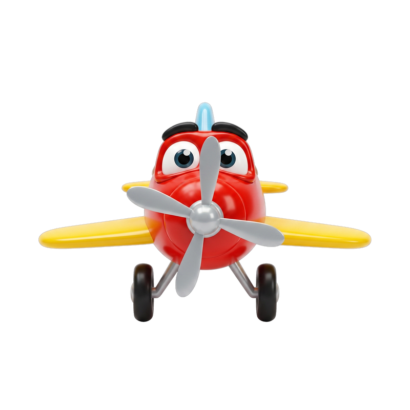 Ace the Character Propeller Plane front view showing wide cartoon eyes black brow ridge silver four-blade propeller and yellow wing tips