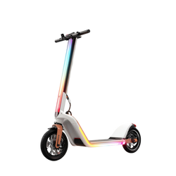 Rainbow LED Electric Scooter three-quarter view pearl white body full-length rainbow RGB LED stem strip rose-gold fork and disc brakes