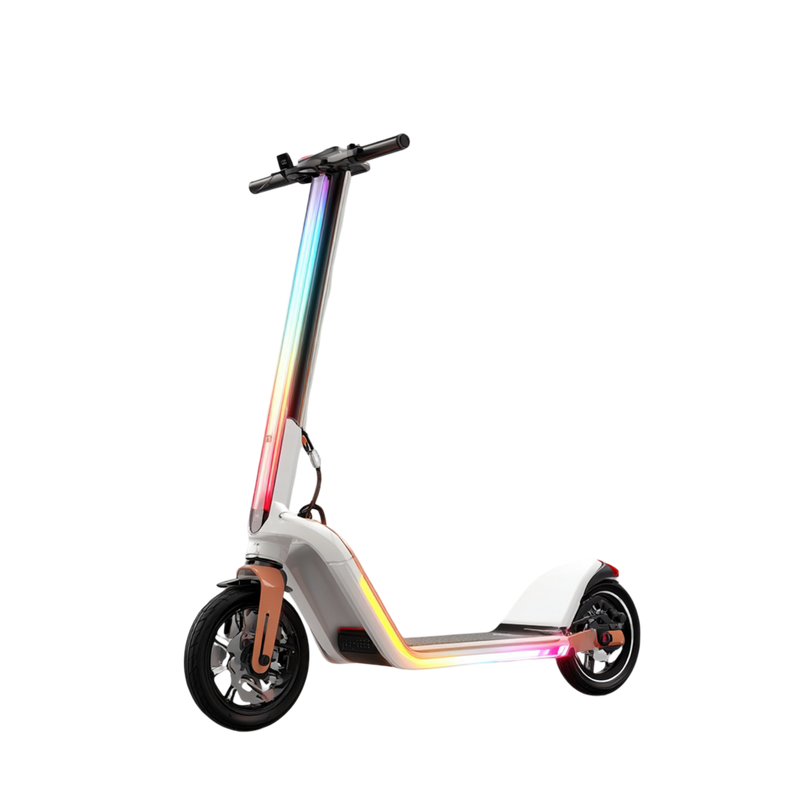Rainbow LED Electric Scooter three-quarter view pearl white body full-length rainbow RGB LED stem strip rose-gold fork and disc brakes
