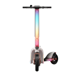 Rainbow LED Electric Scooter front view showing full-length rainbow RGB LED stem digital dashboard handlebar display fat pneumatic tyres and disc brake