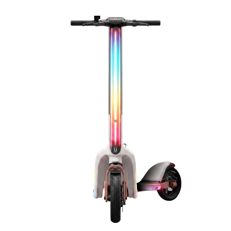 Rainbow LED Electric Scooter front view showing full-length rainbow RGB LED stem digital dashboard handlebar display fat pneumatic tyres and disc brake