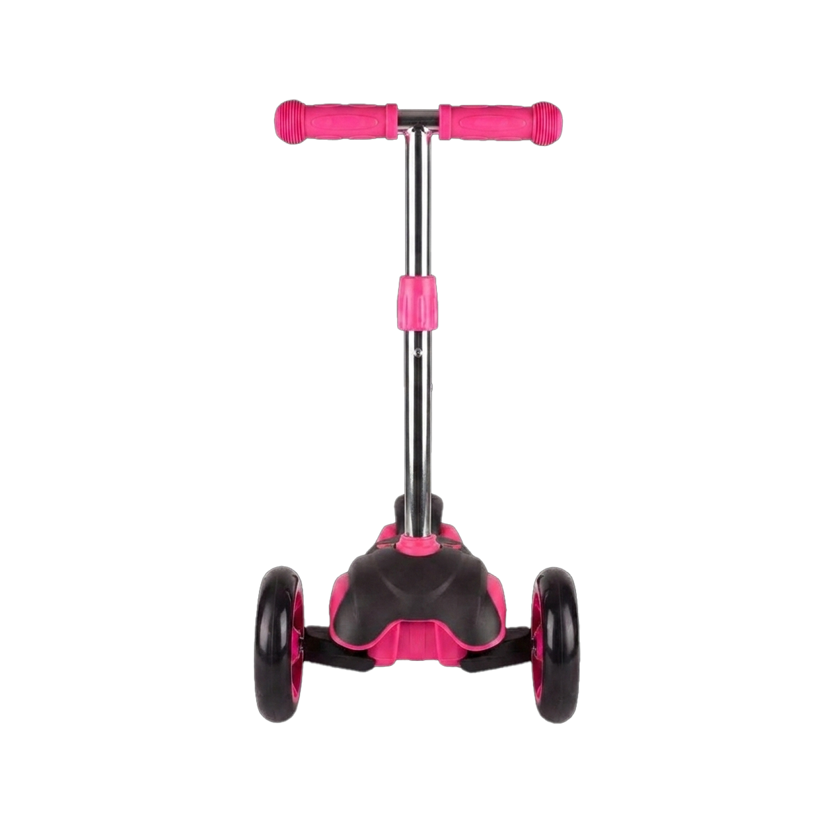 Kids 3-Wheel Kick Scooter front view showing wide twin front wheels pink T-bar grips chrome stem and black non-slip deck base