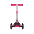 Kids 3-Wheel Kick Scooter front view showing wide twin front wheels pink T-bar grips chrome stem and black non-slip deck base