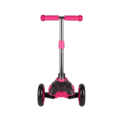 Kids 3-Wheel Kick Scooter front view showing wide twin front wheels pink T-bar grips chrome stem and black non-slip deck base